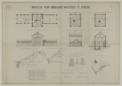 217620 Plattegronden, aanzichten, doorsneden, details en situatie van het magazijn voor ambulancematerieel van het ...